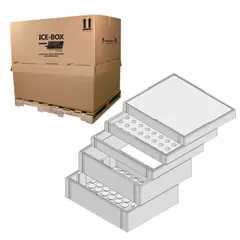 This insulated foam shipping container consists of a white EPS foam insert with a 2 in wall thickness and a corrugated cardboard outer box. It is used for temperature-sensitive shipments requiring thermal protection, such as perishable goods, pharmaceuticals, or sensitive components.