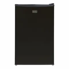 Compact 4.3 cu ft mini refrigerator with manual defrost and three adjustable shelves. Finished in black and Energy Star Certified. Suitable for storing beverages and snacks in offices, dorm rooms, or break areas.