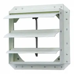 This wall-mount backdraft damper is designed for horizontal airflow in vertical mounting positions. It features a flat blade type and a fiberglass rear flange. Dimensions: 15 in height, 15 in width, 3 3/8 in depth. Suitable for ventilation systems requiring one-way airflow control.