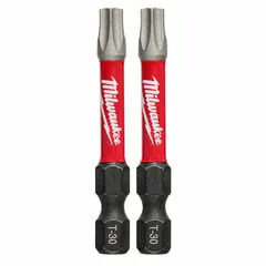 Impact-rated Torx bit with T30 size and hex shank, made from alloy steel. Suitable for driving T30 fasteners in assembly, construction, and maintenance tasks using impact drivers and power tools. Supplied as a 2-pack.