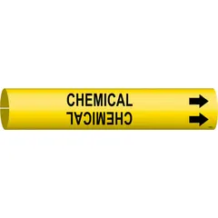 Yellow snap-on pipe marker with black 'Chemical' legend and directional arrows. Fits pipe outer diameters from 3/4 to 1-3/8 inches. Used for identifying chemical piping in industrial facilities.