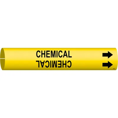 BRADY Pipe Marker: Chemical, Yellow, Black, Fits 3/4 to 1 3/8 in Pipe O.D., 1 Pipe Markers - Chemical Snap-On Pipe Markers