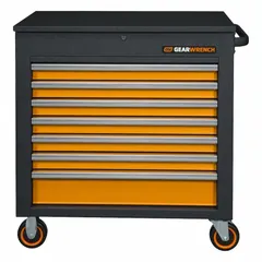 This heavy-duty rolling tool cabinet from GEARWRENCH features seven fully extending drawers with soft-close mechanisms. It is designed for organizing and storing tools in workshops, garages, and maintenance facilities. The cabinet measures 35 inches wide by 20 inches deep by 39 inches high.