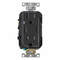 Duplex 5-15R receptacle rated 125V AC and 15 A with one USB port (Type A/C) for device charging. Black, weather-resistant construction suitable for damp or wet locations. Provides standard AC power and USB charging in a single outlet.