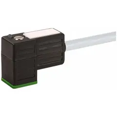 Single-ended cordset with DIN Form CI female right-angle connector on one end and bare wire on the other. Features 3 pins, 18 AWG wire, PUR gray jacket, 3-meter length, and IP67 protection. Used for connecting solenoid valves, sensors, and actuators in industrial automation systems.