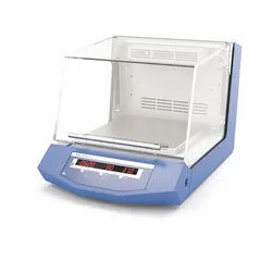 Orbital incubating shaker with speed range of 10 to 500 RPM. Electronic timer adjustable from 0 minutes to 999 hours. Used for controlled mixing and incubation of samples in laboratory applications such as cell culture and microbiology.