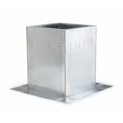 This square roof curb is designed for mounting downblast fans on commercial or industrial roofs. Constructed from galvanized steel, it provides a stable, weather-resistant base that directs exhaust airflow upward while preventing rain entry. Inside dimensions are 29 x 29 in, with an outside width of 32-1/2 in. Complies with UL 762 standards.