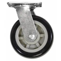 This replacement caster is designed for platform trucks, featuring a 6-inch diameter steel wheel with a gray finish. Overall length is 7 1/2 inches and overall width is 6 inches. Compatible with manufacturer model number R90182A.