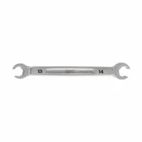 This MILWAUKEE flare nut wrench is made of chrome vanadium steel with a chrome finish. It features a double-end, standard-head, 6-point design with 13 mm and 14 mm head sizes. Used for tightening or loosening flare nuts on refrigeration, air conditioning, and hydraulic lines