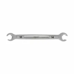 This MILWAUKEE flare nut wrench is made of chrome vanadium steel with a chrome finish. It features a double-end, standard-head, 6-point design with 13 mm and 14 mm head sizes. Used for tightening or loosening flare nuts on refrigeration, air conditioning, and hydraulic lines.