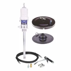 This GRACO grease dispensing piston drum pump operates at a 50:1 ratio for high-pressure lubrication. The unit includes a hose reel, discharge hose, nozzle, and meter for precise grease application. Designed for transferring and dispensing grease from drums to machinery in industrial settings.