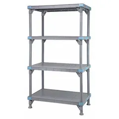 This stationary plastic shelving unit features a polypropylene frame and shelves, providing resistance to salt water and antimicrobial properties. With four quick-adjust shelves and a 62-inch overall height, it is suited for industrial storage in environments requiring corrosion resistance and hygiene, such as marine, food processing, or pharmaceutical facilities.
