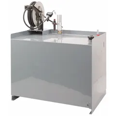 This air-operated pump system is designed for stationary oil dispensing from a 165-gallon bench tank. With a 3:1 pressure ratio, it delivers a maximum flow rate of 4 gpm and handles fluids up to 14,000 cps viscosity, suitable for SAE 140 grade oils. Typical applications include controlled transfer of high-viscosity lubricants in industrial maintenance and automotive service environments.