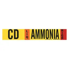 Ammonia adhesive pipe marker for identifying liquid (LIQ) phase piping at high pressure in industrial refrigeration systems. Fits pipe outer diameter 2-1/2 to 7-7/8 inches. Includes one marker without arrows. Complies with IIAR system abbreviation CD.