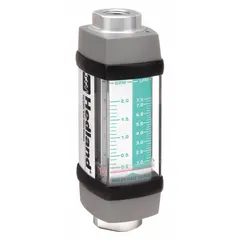 This HEDLAND flowmeter is a scale-type, variable area inline meter for water-based fluids. It features universal mounting orientation, Viton seals and O-rings, and NPTF connections. Accuracy is ±2%, and flow is indicated in gallons. Typical applications include industrial water systems, cooling circuits, and process lines.