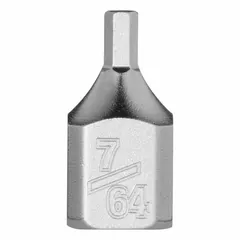 This MILWAUKEE hex bit socket features a 1/4 in drive size and a 7/64 in hex tip for driving SAE hex fasteners. With a 51/64 in overall length and fixed insert design, it is suited for assembly, maintenance, and repair tasks in automotive and industrial settings.