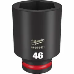This 3/4" drive impact socket features a 46 mm metric, 6-point, deep configuration with a friction retention design for secure attachment to impact tools. The black phosphate finish provides corrosion resistance. Suitable for heavy-duty fastening and loosening of metric nuts and bolts in industrial maintenance, construction, and automotive applications.
