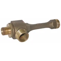 Steam-operated jet eductor pump constructed of brass. Features a 1 in MNPT inlet and a 1 1/2 in MNPT outlet with a sizing factor of 1. Used to move liquids, slurries, or gases using steam as the motive force, commonly applied in industrial sump draining, tank emptying, and process fluid transfer.