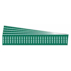 Green adhesive pipe markers with white legend text reading 'Heating Water'. Each marker fits 3/4 in and smaller pipe O.D. Pack includes 28 markers without arrows. Sold as a 5-pack. Used for identifying heating water piping systems in industrial and commercial facilities.