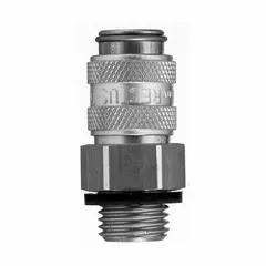 This brass quick-connect coupling body is designed for compressed air systems, enabling rapid connection and disconnection of pneumatic tools and hoses. It features a 1/4" male hose fitting with 1/4"-18 threads and a ball-type locking mechanism for secure coupling. Suitable for general industrial air line applications.