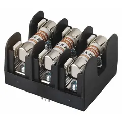 This 2-pole fuse block accepts midget fuses and is rated for 600 V AC circuits. It features an open block design with pressure-plate terminals and is non-indicating. Suitable for use in control panels, motor protection, and power distribution systems.