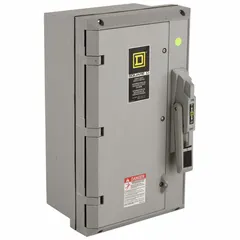 Fusible safety switch rated 60 A, three-phase, 600V AC. Non-metallic enclosure suitable for indoor or outdoor installation. Provides circuit disconnection and overcurrent protection for electrical systems.