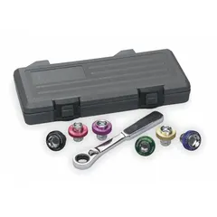 This 7-piece socket set is designed for removal and installation of aluminum oil drain plugs. Constructed from aluminum, the set includes a blow mold case for organized storage. It is used in automotive and equipment maintenance to facilitate oil changes and prevent damage to oil pans.