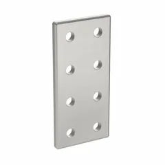 Rectangular flat plate connector made of aluminum with matte chrome plated finish. Measures 76 mm x 36 mm x 4 mm with 8 holes for 5 mm slot width. Used to connect and align 20 Series aluminum profiles in structural framing, conveyor systems, and machine guards.