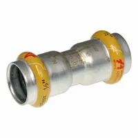 This APOLLO SmartPress crimp coupling fitting joins two 1 1/2 in stainless steel gas pipes using a press-fit connection. It features an HNBR seal for gas applications. Suitable for use in natural gas and LP gas piping systems in commercial and industrial settings