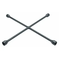 This 4-way cross lug wrench features four 6-point SAE wrench heads in sizes 3/4 in, 13/16 in, 7/8 in, and 15/16 in, designed for standard lug nuts on RVs. The electrostatic paint finish provides corrosion resistance. Use for removing and installing lug nuts during tire changes or maintenance.