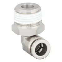 This SMC stainless steel push-to-connect elbow fitting connects 3/8 in OD tubing to a 1/2" MNPT threaded port. It is used in pneumatic systems for industrial automation, packaging, and material handling applications requiring a corrosion-resistant, leak-free joint
