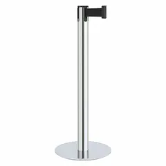 This retractable belt post barrier from LAVI features a steel post and base in a silver finish. It includes a 7 ft long by 2 in wide black belt with no legend or pattern, suitable for crowd control and queue management in commercial environments.