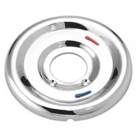 Metal circle trim plate in chrome finish. Functions as a temperature control lever for bathtub and shower faucets. Used to cover wall openings or replace existing trim on compatible faucet systems