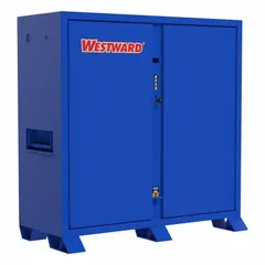 Blue steel cabinet with 47.5 cu ft capacity, measuring 60 1/16 in wide by 24 1/8 in deep by 60 3/4 in high. Equipped with a recessed padlock hasp (lock not included) for securing tools and equipment on construction sites, in workshops, and industrial facilities.