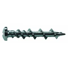 One-piece self-threading anchor screw for concrete. Steel construction with pan-head Phillips drive and plain finish. Overall length 1-1/4 in, 1018-grade material. Suitable for fastening fixtures, brackets, or equipment to concrete surfaces.