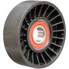 Flat idler pulley for serpentine belt systems in light-duty vehicles. Features a flangeless flange design and polymer construction. Maintains belt tension and alignment in accessory drive applications.