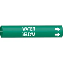 Snap-on pipe marker for identifying water lines in industrial piping systems. Green background with white legend text and directional arrows. Fits pipe outer diameters from 2-1/2 to 3-7/8 inches. Supplied as a single marker.