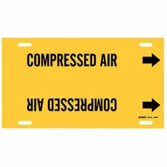 Yellow strap-on pipe marker with black legend reading 'Compressed Air' and directional arrows. Fits pipe outer diameters from 6 to 7-7/8 inches. Used to identify compressed air lines in piping systems.
