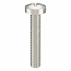 Pan head machine screw with M3.5x0.60 thread, 20 mm length, made from 18-8 stainless steel with plain finish. Features a Phillips drive with #2 drive size. Supplied in a 50-piece pack. Used for fastening metal parts in machinery, equipment, and general assembly applications.