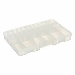 This plastic tool organizer box features a clear hinged lid and 28 compartments for sorting and storing small parts, fasteners, and tools. With dimensions of 14 inches wide, 8 3/4 inches deep, and 1 3/4 inches high, it is suitable for use in workshops, garages, and job sites.