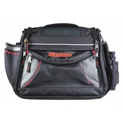 Polyester wide-mouth tool bag in black. Features 20 total pockets, including 11 inside pockets, for organizing hand tools and accessories. Suitable for carrying tools in industrial, construction, and maintenance environments.