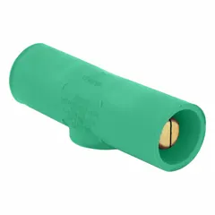 This male-male gender reversing connector from LEVITON's 16 Series is rated for 400 A at 600V AC/600V DC. It is used to join two female connectors in high-amperage industrial power distribution systems, such as in manufacturing, data centers, and temporary power setups.