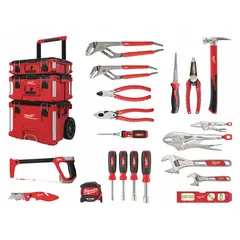 This 18-piece tool set includes a wire stripper, diagonal-cutting pliers, four nut drivers, two adjustable wrenches, and two hand saws, all stored in a rolling modular toolbox. SAE sizing; no sockets included. Suitable for electrical installation and maintenance tasks.