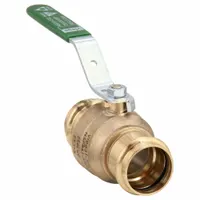This manual two-way ball valve is constructed of bronze with a straight pattern and press x press connections. It features a two-piece body and a lever handle for flow control. Typical applications include shut-off and flow regulation in commercial and industrial piping systems for water, HVAC, and process fluids