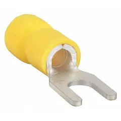Yellow vinyl insulated fork terminal with funnel-entry barrel, rated for 600 V. Accepts 12 AWG to 10 AWG wire and fits #8 stud size. Standard fork configuration allows quick connection and disconnection from studs without fully removing the screw.