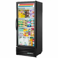 This glass door refrigerator merchandiser features a black swing door and uses R-290 refrigerant. It is designed for commercial food and beverage display in retail and foodservice environments, maintaining safe product temperatures while allowing customer access