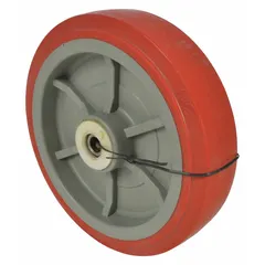 This replacement caster is designed for platform trucks used in material handling applications. It features a red polyolefin construction with an overall height of 8 inches and an overall width of 2-1/4 inches. The caster is compatible with part number 4VMD7.