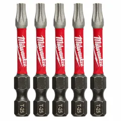 Alloy steel Torx bit with T25 head and hex shank, standard duty, sold as a 5-pack. Designed for use with impact drivers in assembly, repair, and construction applications requiring secure Torx fasteners.
