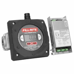 Aluminum nutating disc totalizer with digital display and standard frequency pulse output. Features 1 1/2 in FNPT connections, Buna-N seals and O-rings, accuracy of +/-1.25%, and measures in gallons. Used for fuel transfer and dispensing applications.