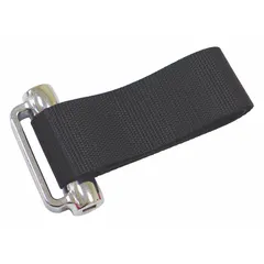 This nylon strap wrench is designed for use with a ratchet to remove or install oil filters. The strap is 22 inches long and 2 inches wide, with a 3-inch handle. It is suitable for general automotive and industrial maintenance tasks.